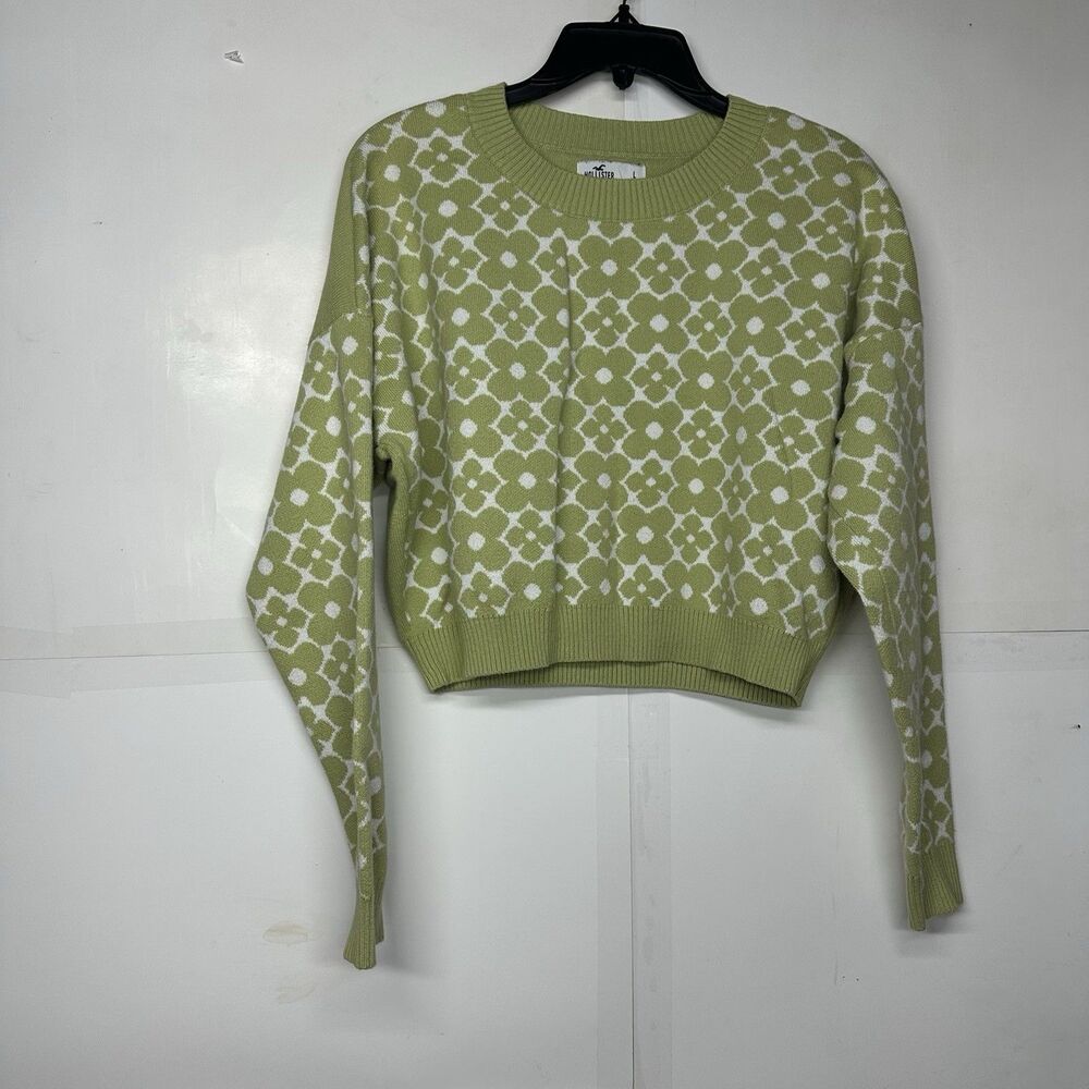Hollister Women’s Green White Patterned Knit Sweater Size L Cropped Pullover